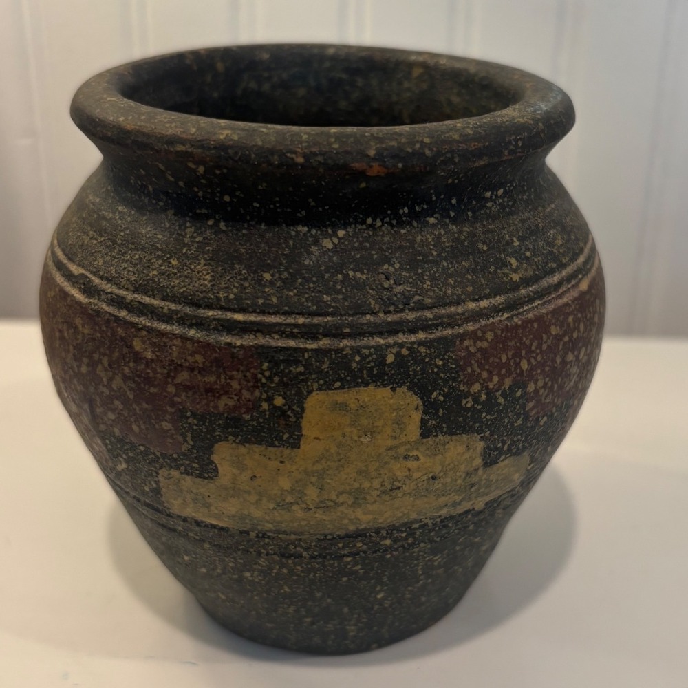 Vintage Southwest Style Pottery Vase Hand Painted Geometric Tribal Vessel 4.5in